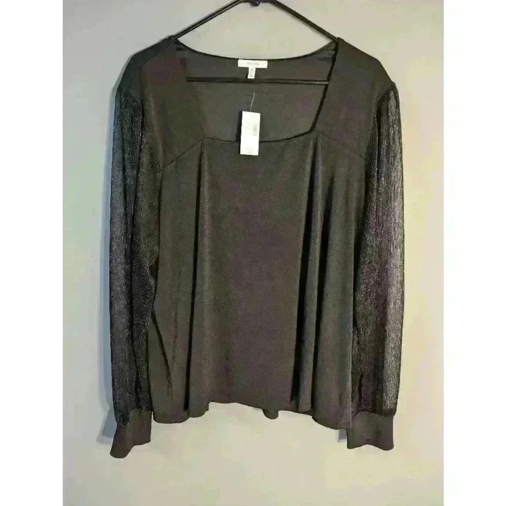 maurices Black square neck sheer sparkly sleeve Blouse 2X festive holiday party